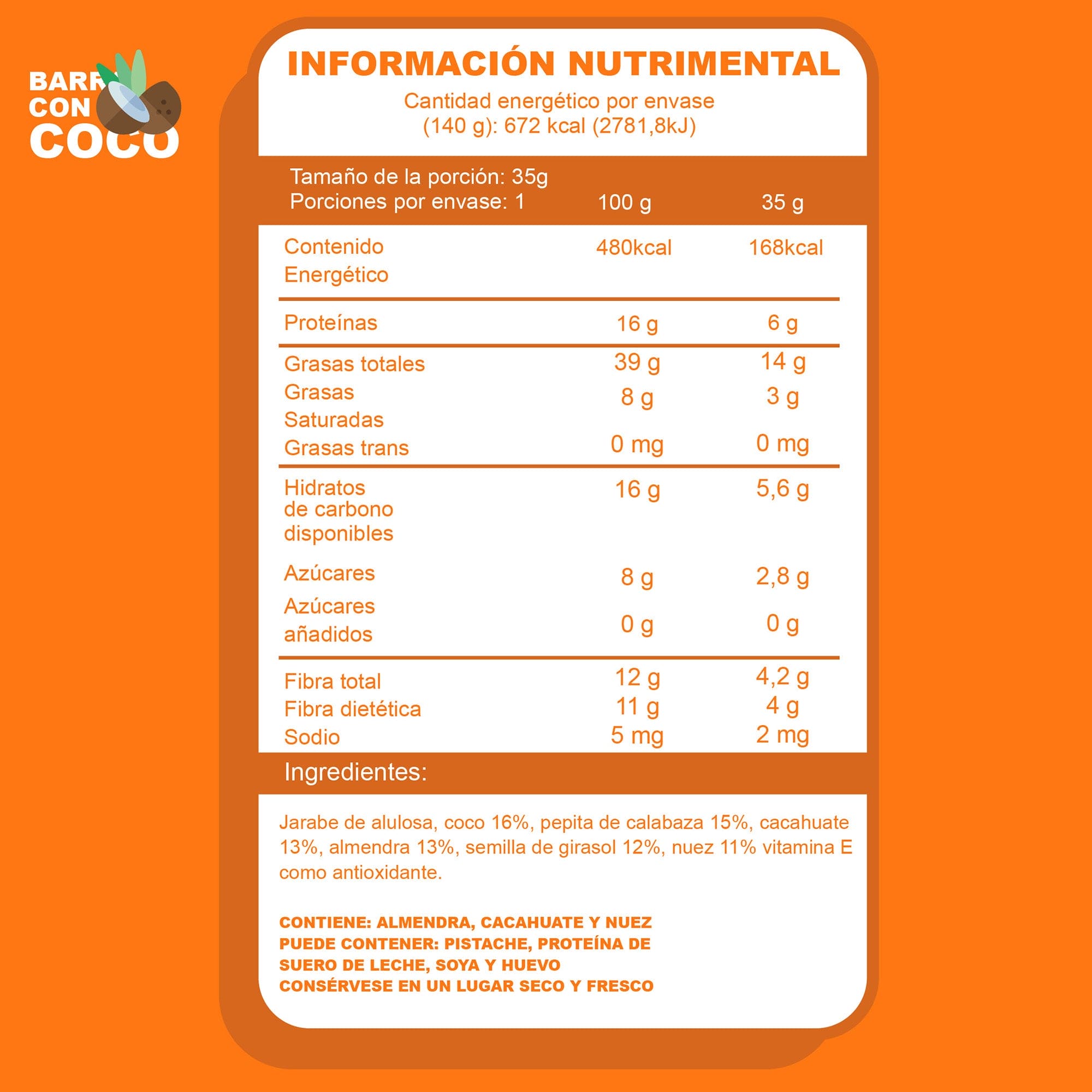 tabla nutrimental barritas nuwa coco
