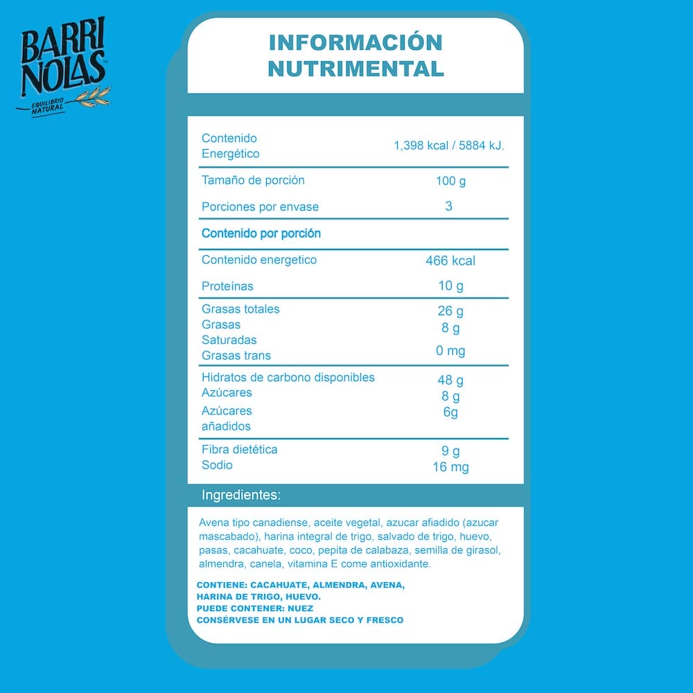 tabla nutrimental barrinolas granola