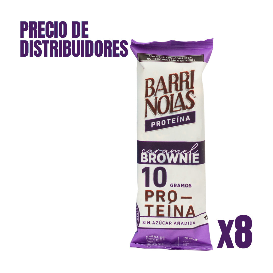 PAQUETE DE DISTRIBUIDORES CON 8 BARRINOLAS PROTEÍNA CARAMEL BROWNIE