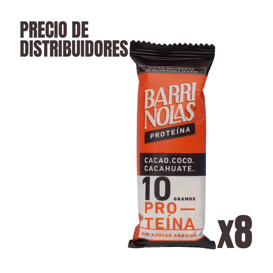 PAQUETE DE DISTRIBUIDORES CON 8 BARRINOLAS PROTEÍNA CACAO