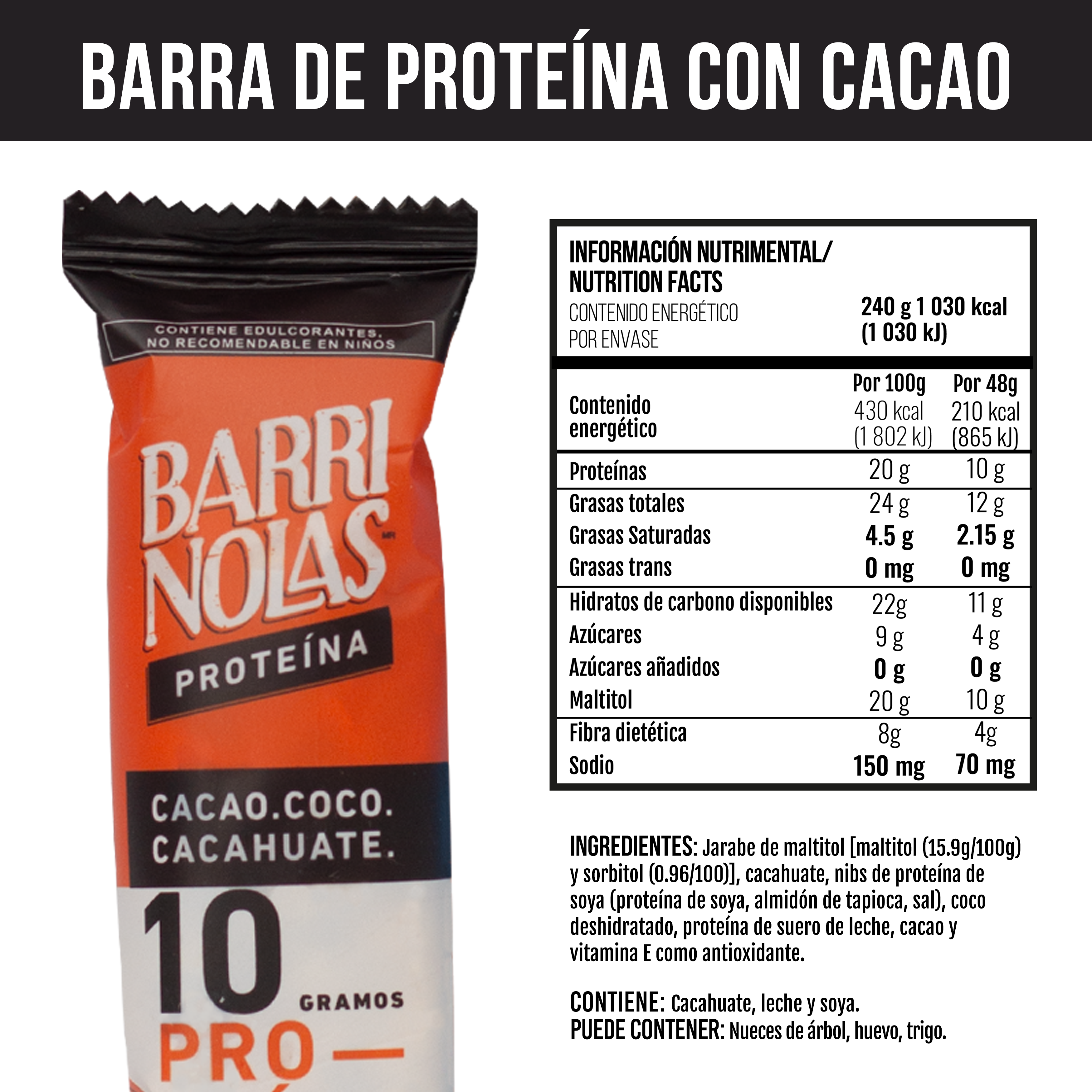 BARRINOLAS PROTEÍNA – Cacao Barrita Individual 48g