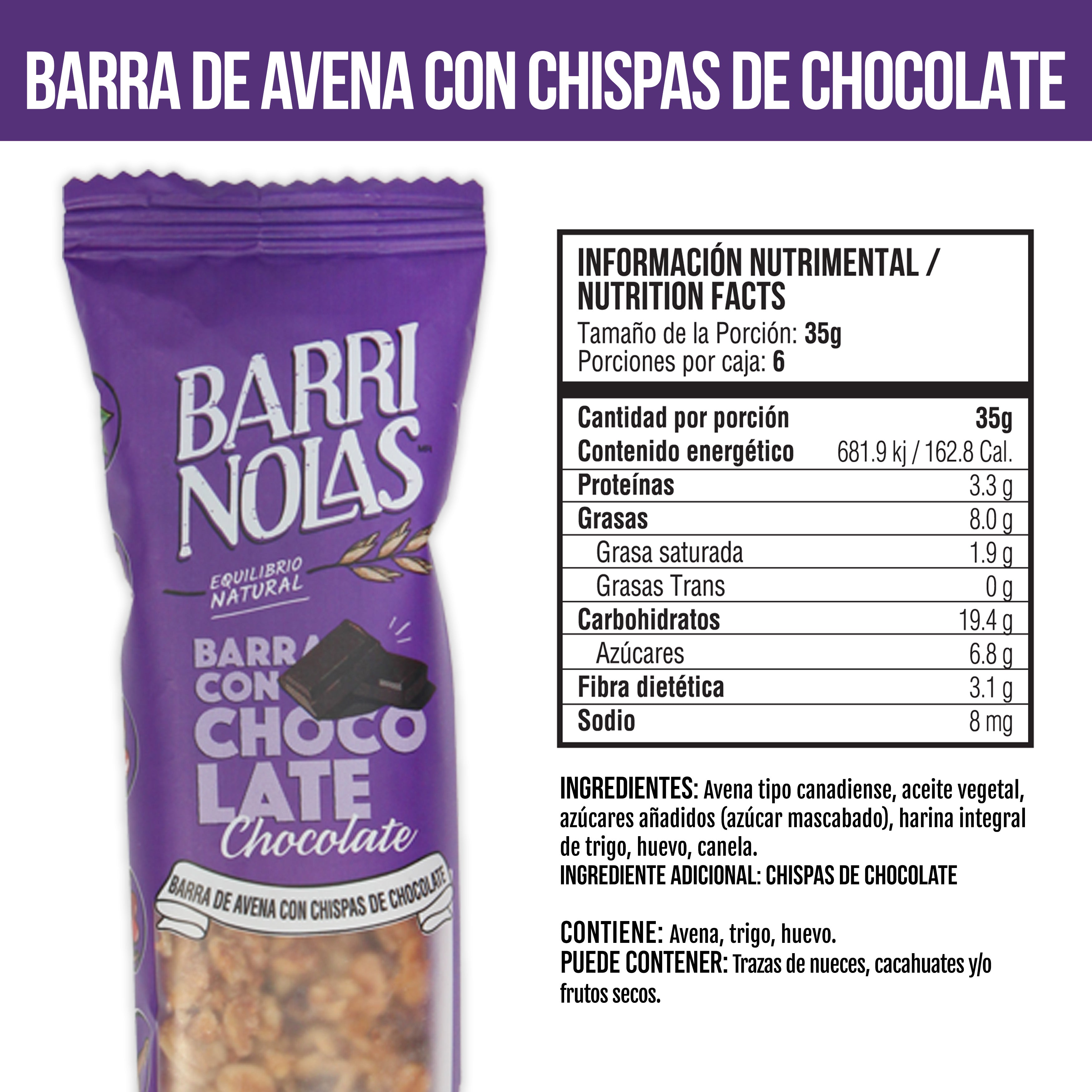Caja de seis piezas de barras de avena con chocolate