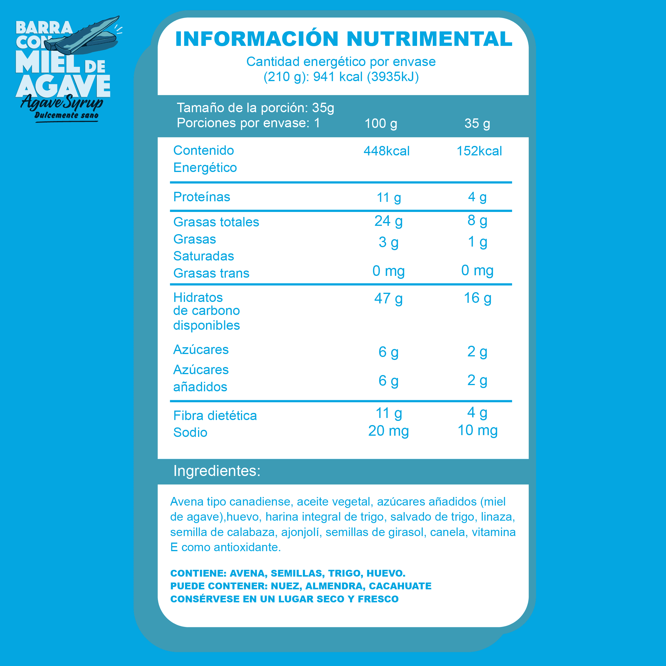 Caja de seis piezas de barras de avena con miel de agave