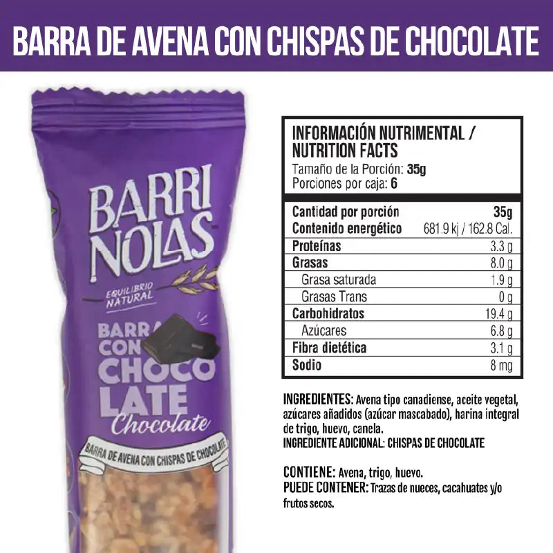 Caja de seis piezas de barras de avena con chocolate