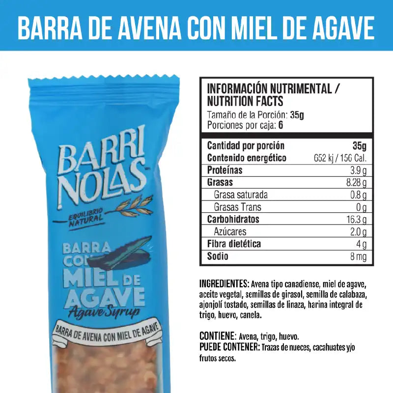Caja de seis piezas de barras de avena con miel de agave